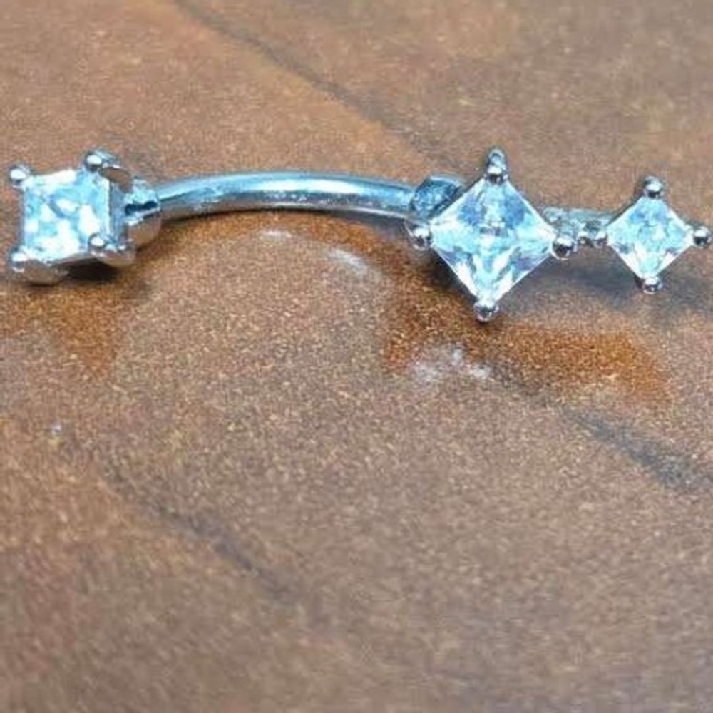 Silver Tone Curved Barbell Eyebrow Rook Piercing Triple Princess Cut CZ Jewelry